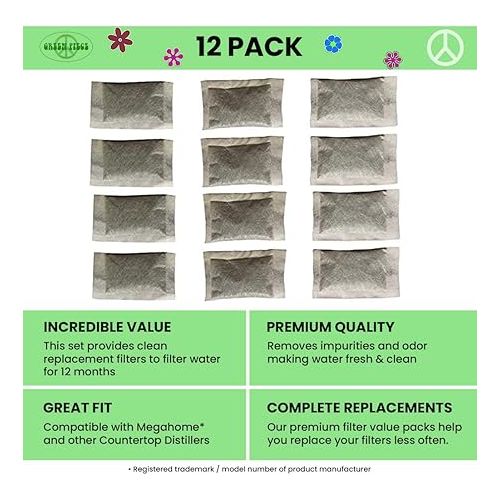  Green Piece® Distiller Filters - Activated Charcoal - Odor Absorbing. Works Great for Megahome and other Countertop Distillers (12 Pack) MADE IN USA