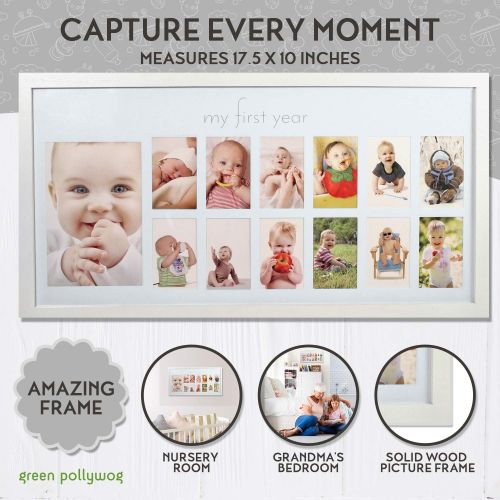  Green Pollywog Babys First Year Frame in Elegant White Natural Wood - My First Year Baby Picture Frame for Photo Memories (White)