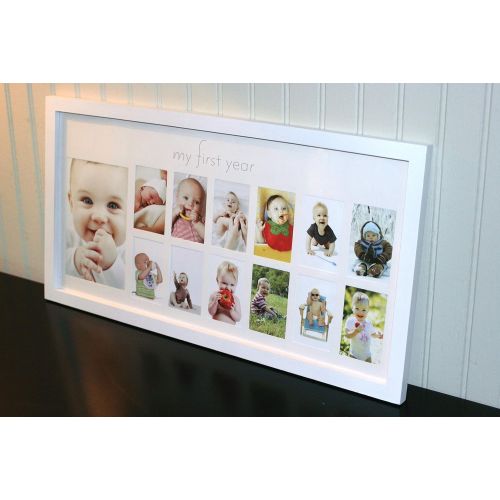  Green Pollywog Babys First Year Frame in Elegant White Natural Wood - My First Year Baby Picture Frame for Photo Memories (White)