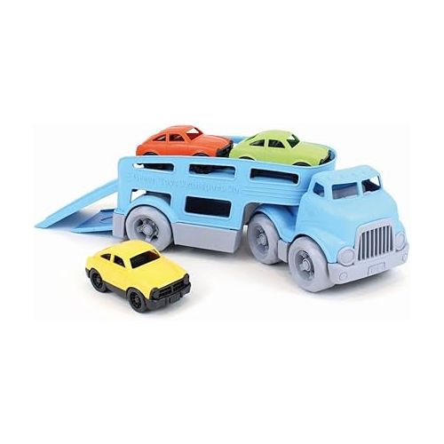  Green Toys Car Carrier, Blue - Pretend Play, Motor Skills, Kids Toy Vehicle. No BPA, phthalates, PVC. Dishwasher Safe, Recycled Plastic, Made in USA (4 Piece Set)