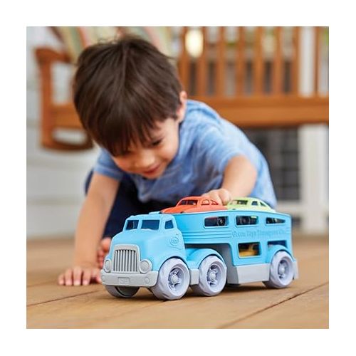  Green Toys Car Carrier, Blue - Pretend Play, Motor Skills, Kids Toy Vehicle. No BPA, phthalates, PVC. Dishwasher Safe, Recycled Plastic, Made in USA (4 Piece Set)