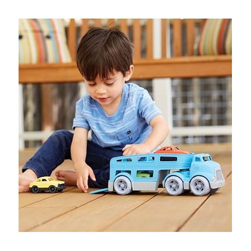  Green Toys Car Carrier, Blue - Pretend Play, Motor Skills, Kids Toy Vehicle. No BPA, phthalates, PVC. Dishwasher Safe, Recycled Plastic, Made in USA (4 Piece Set)