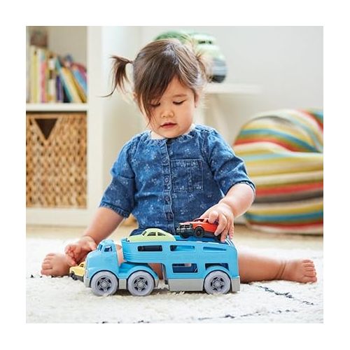  Green Toys Car Carrier, Blue - Pretend Play, Motor Skills, Kids Toy Vehicle. No BPA, phthalates, PVC. Dishwasher Safe, Recycled Plastic, Made in USA (4 Piece Set)