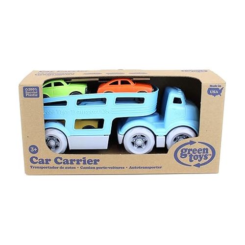  Green Toys Car Carrier, Blue - Pretend Play, Motor Skills, Kids Toy Vehicle. No BPA, phthalates, PVC. Dishwasher Safe, Recycled Plastic, Made in USA (4 Piece Set)