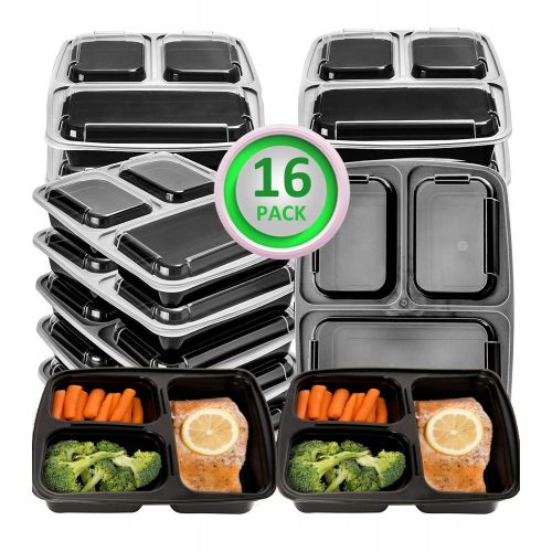  Green vege Bento 16-3BENTO 16 Pack Meal Prep 3 Compartment Storage, BPA Free,Microwave,Dishwasher Safe-Reusable Food Containers with Lids, 32OZ