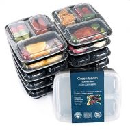 Green vege Bento 10 Pack Meal Prep Containers 3 Compartment Reusable Plastic Food Prep Storage Containers with Lids(10 Sporks Included)