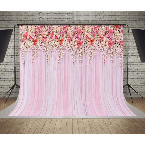  GreenDecor Polyster 7x5ft Wedding Ceremony Photo Backdrops Colorful Flowers Pink Lace Curtain Photography Background Photo Booth Background and