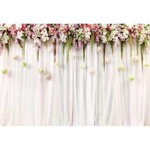  GreenDecor Polyester Fabric 7x5ft Printed Colorful Flowers White Pink Lace Curtain Wedding Ceremony Photography Backdrop Photo Booth Background