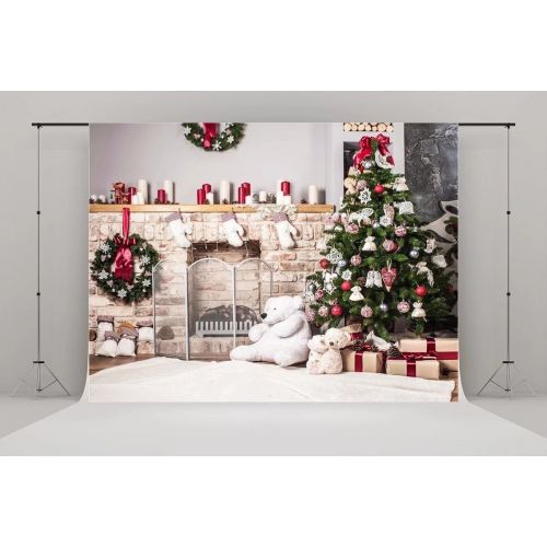 GreenDecor Polyster 7x5ft Christmas Tree Backdrop Photography Brick Wall Fireplace for Photo Studio christmas