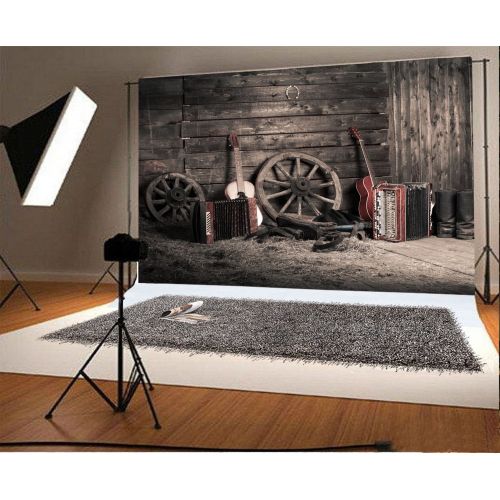  GreenDecor Polyster 7x5ft Old Barn Backdrop Western Cowboy Vintage Wheel Boots Guitar Gloomy Stripes Wood Plank Straw Photography Background Kids Adults Photo Studio Props