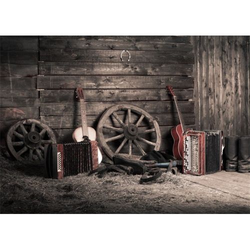  GreenDecor Polyster 7x5ft Old Barn Backdrop Western Cowboy Vintage Wheel Boots Guitar Gloomy Stripes Wood Plank Straw Photography Background Kids Adults Photo Studio Props