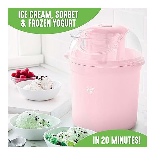  GreenLife 1.5QT Electric Ice Cream, Frozen Yogurt and Sorbet Maker with Mixing Paddle, Dishwasher Safe Parts, Easy one Switch, BPA-Free, Pink