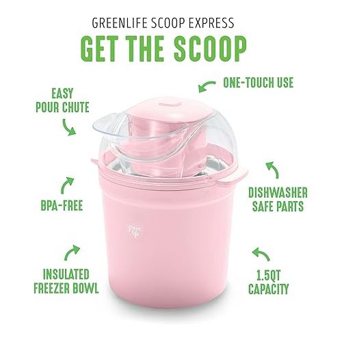  GreenLife 1.5QT Electric Ice Cream, Frozen Yogurt and Sorbet Maker with Mixing Paddle, Dishwasher Safe Parts, Easy one Switch, BPA-Free, Pink