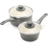 GreenLife Soft Grip Healthy Ceramic Nonstick, 1QT and 2QT Saucepan Pot Set with Lids, PFAS-Free, Dishwasher Safe, Gray