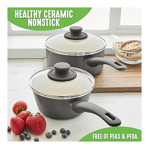  GreenLife Soft Grip Healthy Ceramic Nonstick, 1QT and 2QT Saucepan Pot Set with Lids, PFAS-Free, Dishwasher Safe, Gray