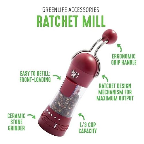  GreenLife Salt and Pepper Grinder, Mess-Free Ratchet Mill, Adjustable Coarseness and Easily Refillable, Red