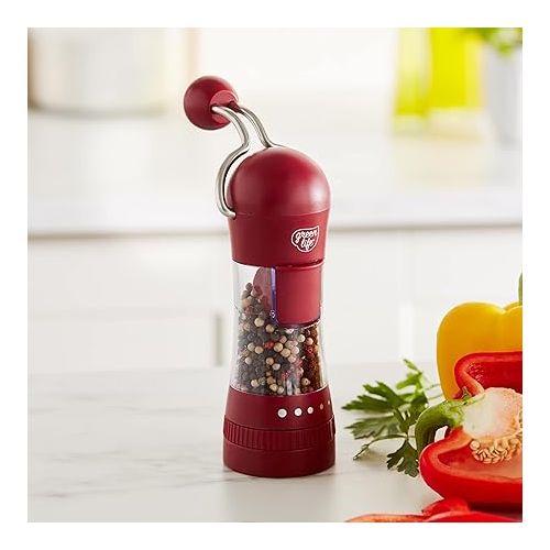  GreenLife Salt and Pepper Grinder, Mess-Free Ratchet Mill, Adjustable Coarseness and Easily Refillable, Red