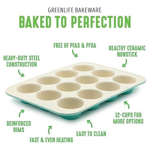  GreenLife Bakeware Healthy Ceramic Nonstick, 12 Cup Muffin and Cupcake Baking Pan, PFAS-Free, Turquoise