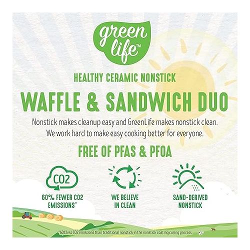  GreenLife Electric Waffle Sandwich Maker, Toaster, Panini Press with Healthy Ceramic Nonstick Plates, Perfect for Tuna Melts, Crispy Rice, Grilled Cheese, LED Indicator Light, PFAS-Free, Pink