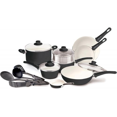  [아마존베스트]GreenLife Soft Grip 16pc Ceramic Non-Stick Cookware Set, Black