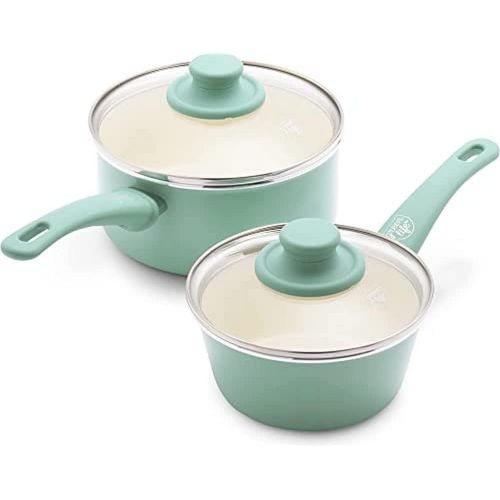  GreenLife Soft Grip Healthy Ceramic Nonstick, Saucepans with Lids, 1QT and 2QT, Turquoise