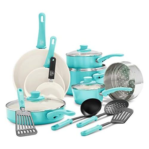  GreenLife Soft Grip Healthy Ceramic Nonstick, Cookware Pots and Pans Set, 16 Piece, Turquoise