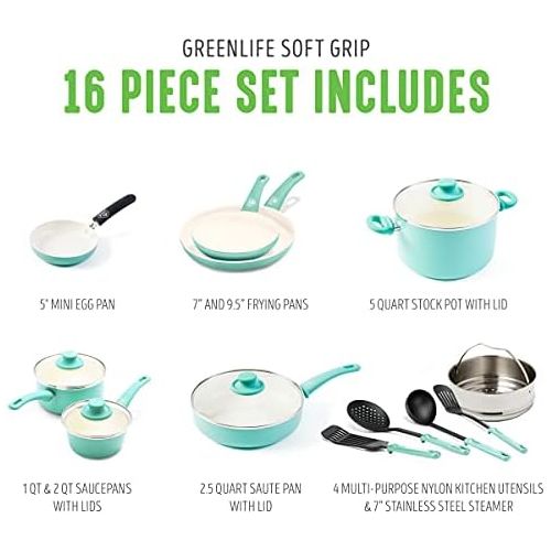  GreenLife Soft Grip Healthy Ceramic Nonstick, Cookware Pots and Pans Set, 16 Piece, Turquoise