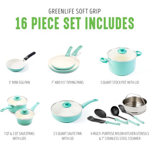  GreenLife Soft Grip Healthy Ceramic Nonstick, Cookware Pots and Pans Set, 16 Piece, Turquoise