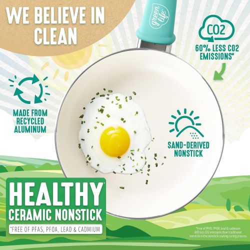  GreenLife Soft Grip Healthy Ceramic Nonstick, Cookware Pots and Pans Set, 16 Piece, Turquoise