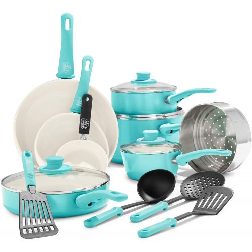  GreenLife Soft Grip Healthy Ceramic Nonstick, Cookware Pots and Pans Set, 16 Piece, Turquoise