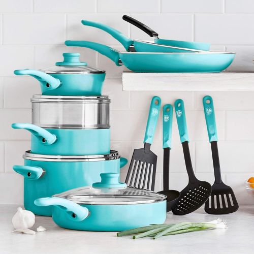  GreenLife Soft Grip Healthy Ceramic Nonstick, Cookware Pots and Pans Set, 16 Piece, Turquoise