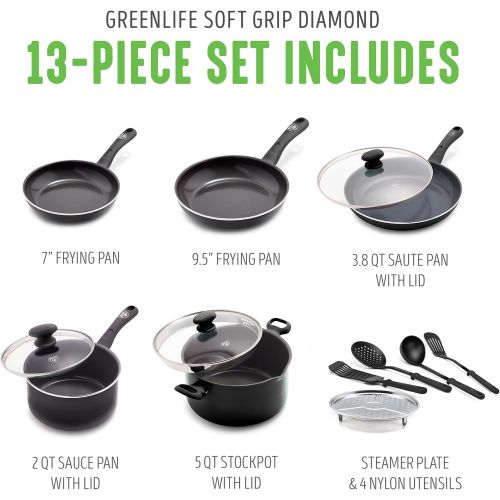  GreenLife Soft Grip Diamond Healthy Ceramic Nonstick, Cookware Pots and Pans Set, 14 Piece, Black,CW001923-004