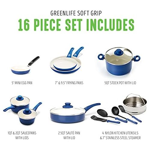  GreenLife Soft Grip Healthy Ceramic Nonstick, Cookware Pots and Pans Set, 16 Piece, Blue
