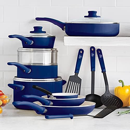  GreenLife Soft Grip Healthy Ceramic Nonstick, Cookware Pots and Pans Set, 16 Piece, Blue