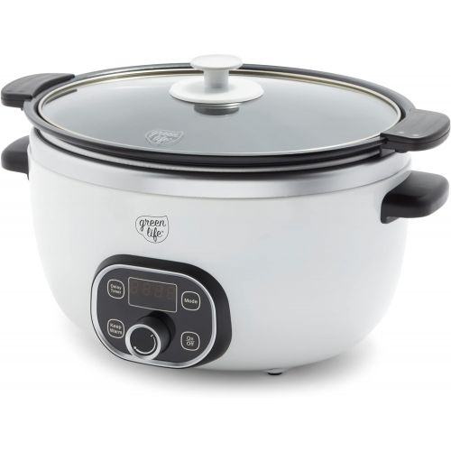  GreenLife Cook Duo Healthy Ceramic Nonstick 6QT Slow Cooker, PFAS-Free, Digital Timer, Dishwasher Safe Parts, White
