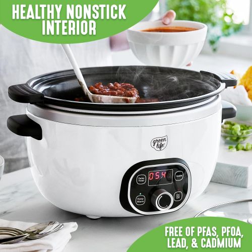  GreenLife Cook Duo Healthy Ceramic Nonstick 6QT Slow Cooker, PFAS-Free, Digital Timer, Dishwasher Safe Parts, White