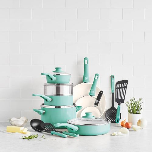  GreenLife Soft Grip Healthy Ceramic Nonstick 16 Piece Cookware Pots and Pans Set, PFAS-Free, Dishwasher Safe, Turquoise
