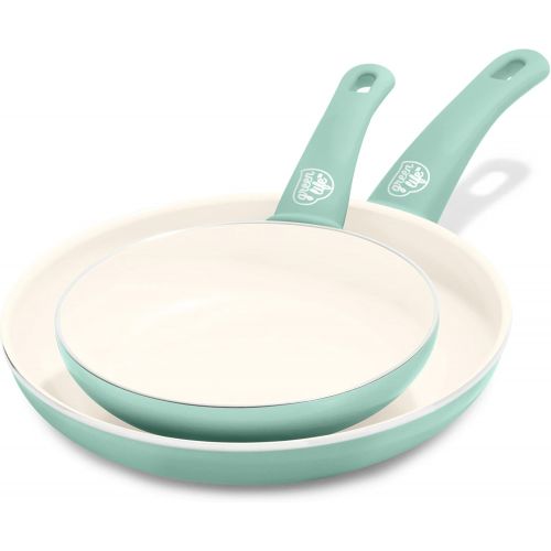  GreenLife Soft Grip Healthy Ceramic Nonstick 7 and 10 Frying Pan Skillet Set, PFAS-Free, Dishwasher Safe, Turquoise