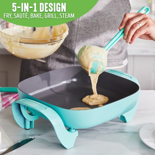  GreenLife Healthy Ceramic Nonstick, 12 5QT Square Electric Skillet with Glass Lid, Dishwasher Safe, Adjustable Temperature Control, PFAS-Free, Turquoise