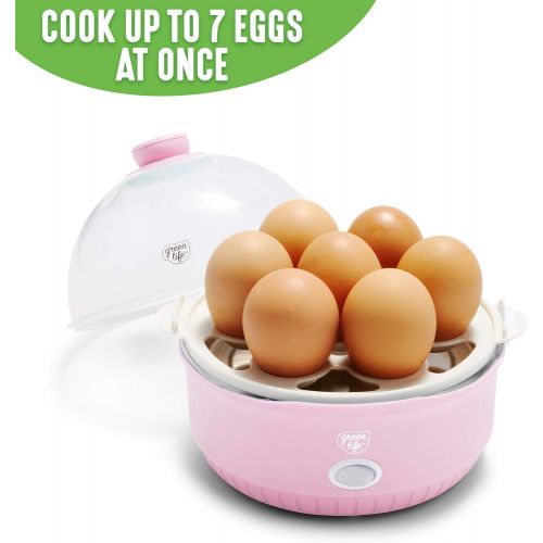  GreenLife Rapid Egg Cooker, 7 Egg Capacity for Hard Boiled, Poached, Scrambled and Omelet Tray, Easy One Switch, Dishwasher Safe Parts, BPA-Free, Pink
