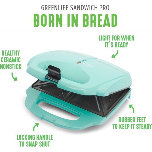  GreenLife Pro Electric Panini Press Grill and Sandwich Maker, Healthy Ceramic Nonstick Plates, Easy Indicator Light, PFAS-Free, Turquoise