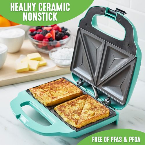  GreenLife Pro Electric Panini Press Grill and Sandwich Maker, Healthy Ceramic Nonstick Plates, Easy Indicator Light, PFAS-Free, Turquoise