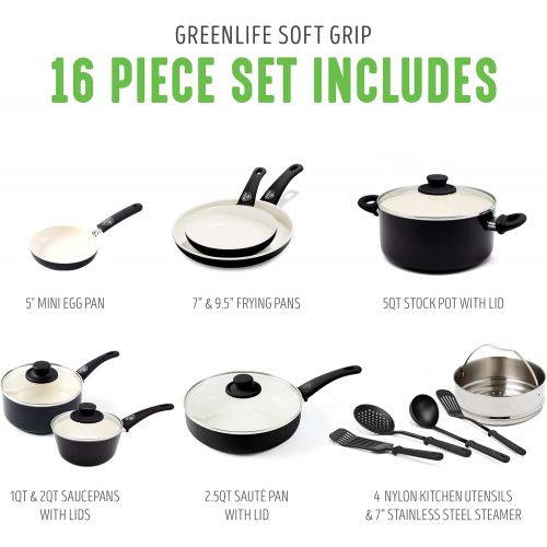  GreenLife Soft Grip Healthy Ceramic Nonstick, 16 Piece Cookware Pots and Pans Set, PFAS-Free, Dishwasher Safe, Black & Cream