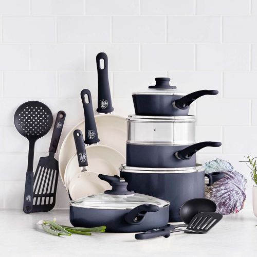  GreenLife Soft Grip Healthy Ceramic Nonstick, 16 Piece Cookware Pots and Pans Set, PFAS-Free, Dishwasher Safe, Black & Cream