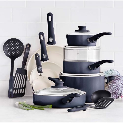  GreenLife Soft Grip Healthy Ceramic Nonstick, 16 Piece Cookware Pots and Pans Set, PFAS-Free, Dishwasher Safe, Black & Cream