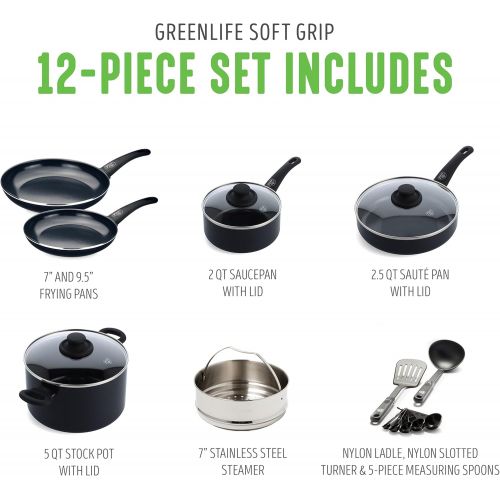  GreenLife Soft Grip Healthy Ceramic Nonstick 12 Piece Cookware Pots and Pans Set, PFAS-Free, Dishwasher Safe, Black