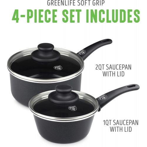  GreenLife Soft Grip Healthy Ceramic Nonstick, 1QT and 2QT Saucepan Pot Set with Lids, PFAS-Free, Dishwasher Safe, Black