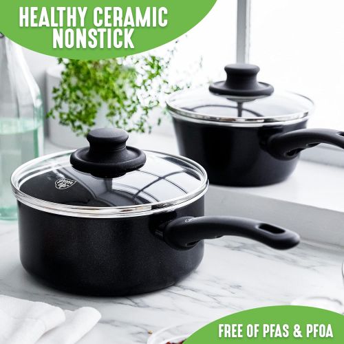  GreenLife Soft Grip Healthy Ceramic Nonstick, 1QT and 2QT Saucepan Pot Set with Lids, PFAS-Free, Dishwasher Safe, Black