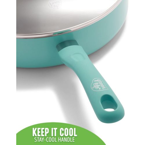  GreenLife Soft Grip Diamond Healthy Ceramic Nonstick, 5QT Saute Pan Jumbo Cooker with Helper Handle and Lid, PFAS-Free, Dishwasher Safe, Turquoise