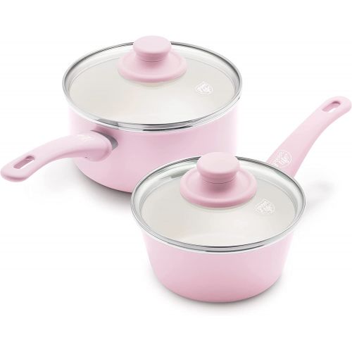  [아마존베스트]GreenLife Soft Grip Healthy Ceramic Nonstick Pink Saucepans with Lids, 1QT and 2QT,CC003169-001